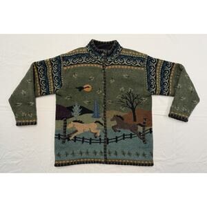 Icelandic Design Wool Cardigan Sweater Women’s LARGE Running Horses Equestrian
